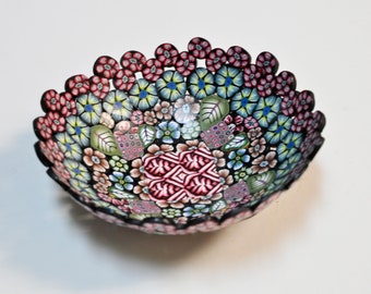 Mosaic Bowl, Mandala, Mille Fiori Bowl, Geometric Red & Blue Cane designs in Polymer Clay, OOAK, Jewelry bowl, candy bowl, decorative bowl