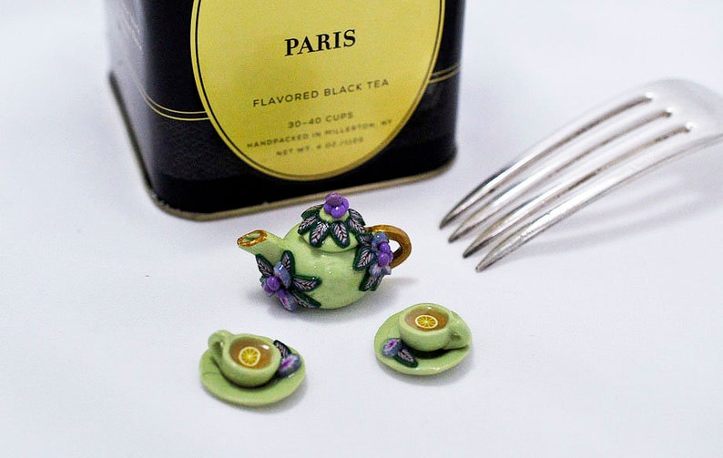 two cups and saucers Green Floral Miniature Teapot Collector item 112 Scale polymer clay Doll house tea set Miniature Tea Set