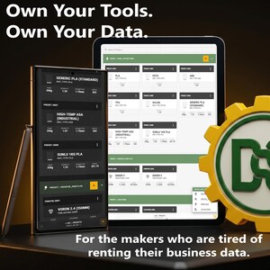 May include: A tablet and smartphone display data, with the text "Own Your Tools. Own Your Data." A yellow gear with the letters "DS" is on the right. The text "For the makers who are tired of renting their business data" is at the bottom.