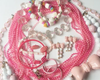 Sweet Vintage Jewelry Lot, Kawaii pink bow necklace & earring setAssemblage, Repurpose, Upcycle, vintage necklaces, enamel earrings