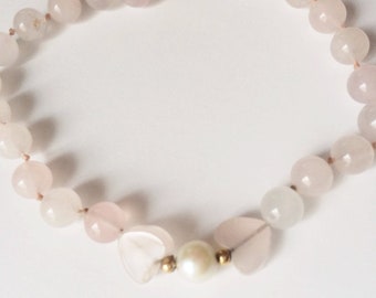 14K Rose Quartz Bracelet, Heart Beads, Genuine Pearl Vintage Bracelet, Romantic Jewelry Gift