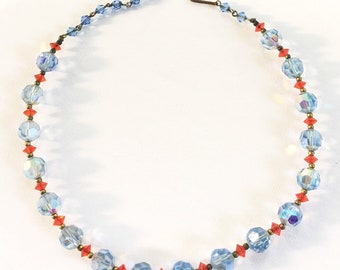 Aurora Borealis Crystal Necklace, Faceted Crystal Vintage Necklace, Orange & Blue Beaded Choker, 16.5 inch Length