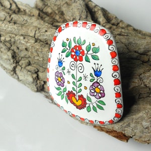 Austrian Folk Art Enamel Brooch, Hand Painted Flowers, Vintage Brooch signed Austria