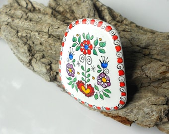 Austrian Folk Art Enamel Brooch, Hand Painted Flowers, Vintage Brooch signed Austria