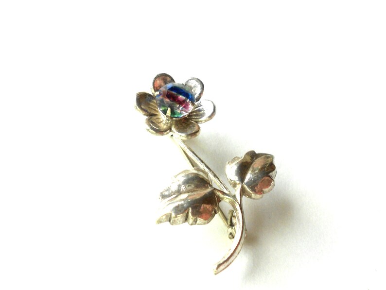 Art Deco Sterling Brooch, Rainbow Iris Crystal, 925 Vintage Flower Brooch image 1