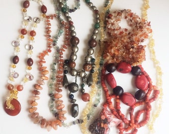 Good Quality Semi Precious Stone 5 Necklace Lot & Coral strands, 2 bracelets, Quartz, Carnelian, Amethyst, Agate, Art Glass, Destash Jewelry