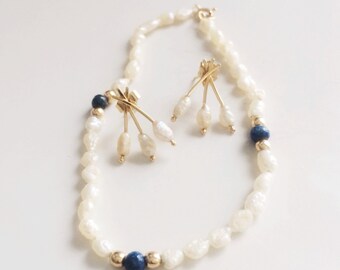 Vintage 14k Genuine Pearl Bracelet & Pearl Earring Set, Keshi Pearl tennis bracelet, Bridal Jewelry