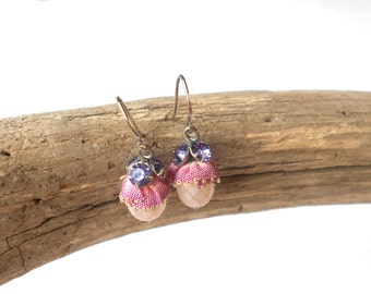 Sweet Faceted Glass Rhinestone Earrings, Vintage Fabric Pink Earrings, Flower Girl, Vintage Earrings