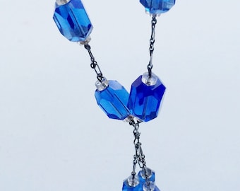 Art Deco Czech Glass Necklace, Faceted Glass Bead, Silver Paper Clip Chain Vintage Sautoir