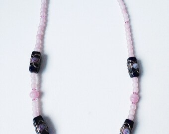 Vintage Necklace, Pink & Murano Glass Wedding Cake Bead Necklace, Cobalt Blue Glass