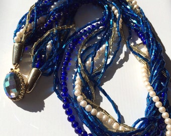 Vintage Toursade, Gold & Blue Glass Tube Bead and Pearl Multi Strand Necklace, Vintage Necklace