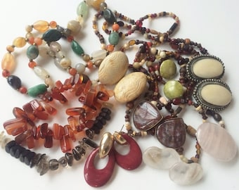 Vintage Semi Precious Stone Lot, Agate, Coral, Jade, Rose Quartz, Jasper, Wear or Destash Lot, Assemblages