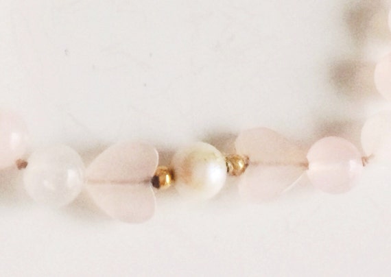 14K Rose Quartz Bracelet, Heart Beads, Genuine Pe… - image 5