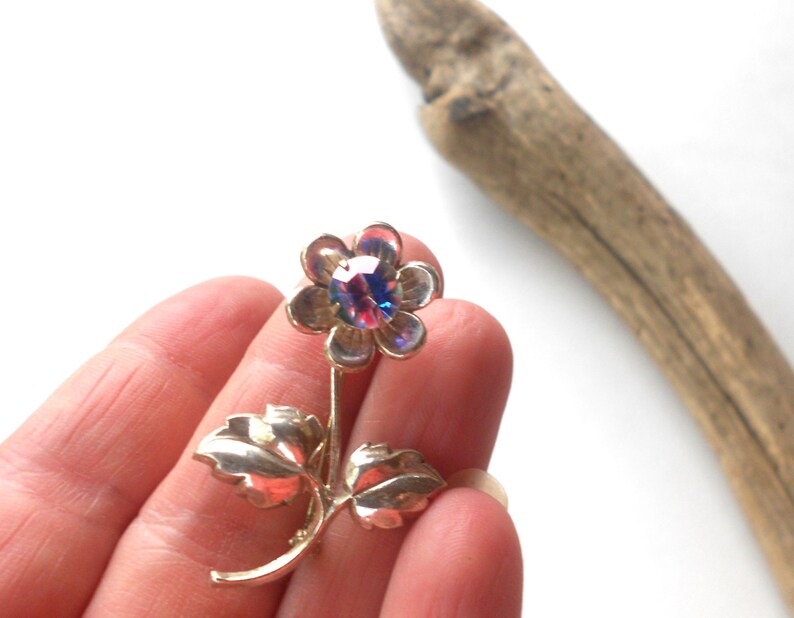 Art Deco Sterling Brooch, Rainbow Iris Crystal, 925 Vintage Flower Brooch image 5