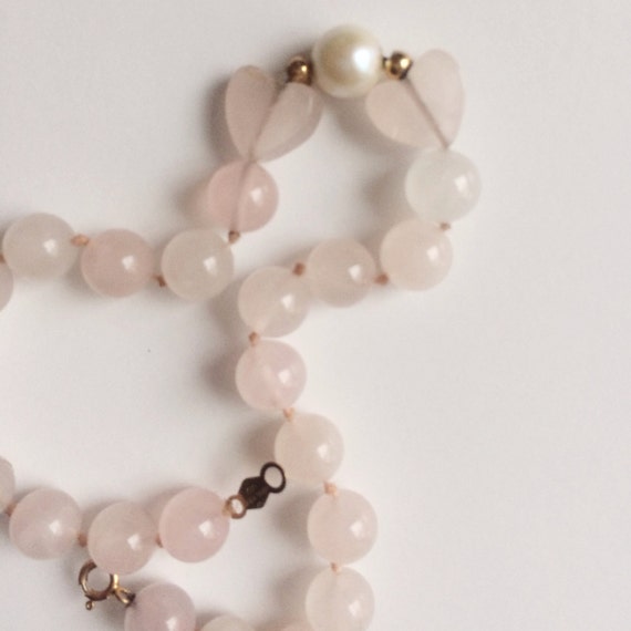 14K Rose Quartz Bracelet, Heart Beads, Genuine Pe… - image 4