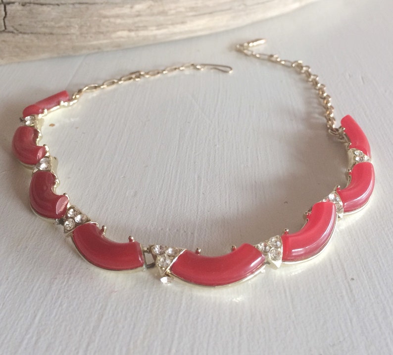 Vintage Cranberry Lucite Necklace, Thermoset & Rhinestone Necklace image 2