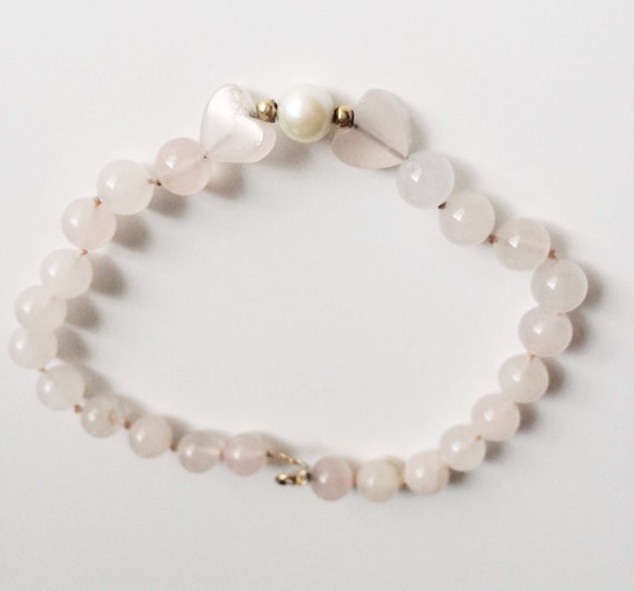 14K Rose Quartz Bracelet, Heart Beads, Genuine Pe… - image 2