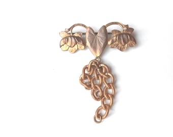 Antique Chatelaine Brooch, Art Nouveau Lily Pad, Embossed Gold Fob Chain, Antique Gold Brooch