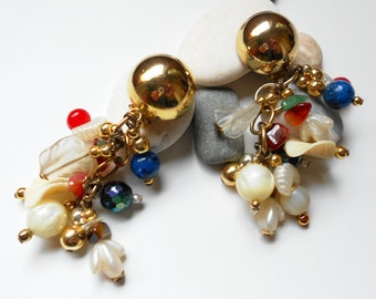 Vintage earrings, long danglers, semi precious stone, Mother of Pearl, Lapis, Carnelian Tassle Earrings