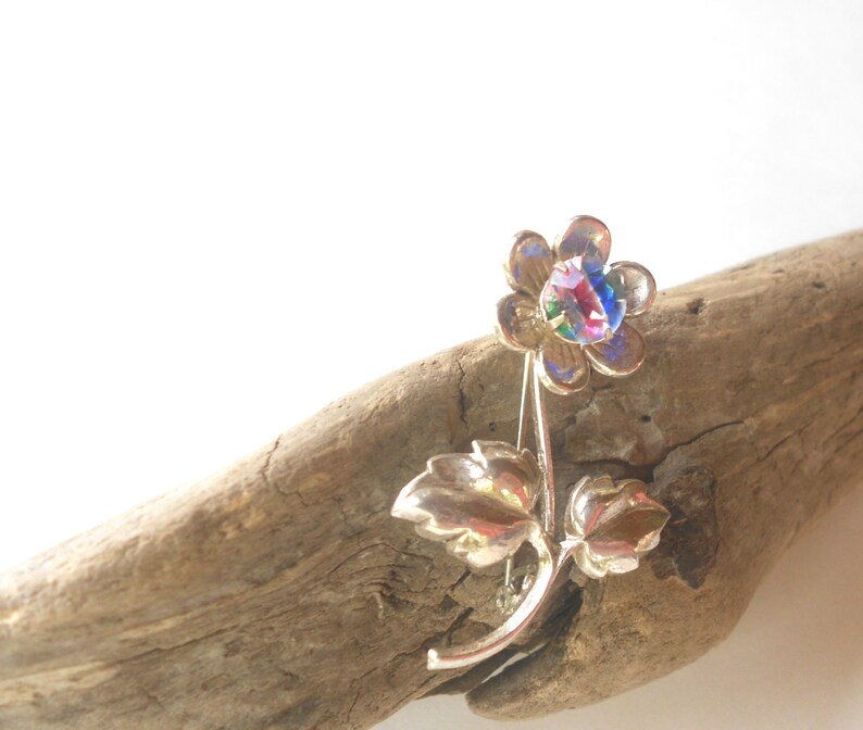 Art Deco Sterling Brooch, Rainbow Iris Crystal, 925 Vintage Flower Brooch image 2