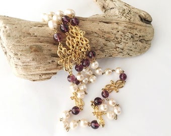 Stunning Museum of Fine Arts Necklace, Amethyst & Baroque Pearl Rope, Fine Gold Plated Vintage Necklace