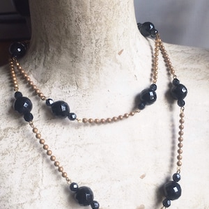 Art Deco French Jet Glass Sautoir Necklace, multi faceted mirrored glass Bead Mourning Jewelry Necklace