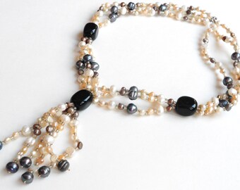Genuine Pearl Necklace, Freshwater & Tahitian black Pearl, baroque pearls, 925 clasp, Bridal Jewelry, Vintage Necklace