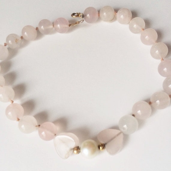 14K Rose Quartz Bracelet, Heart Beads, Genuine Pe… - image 1