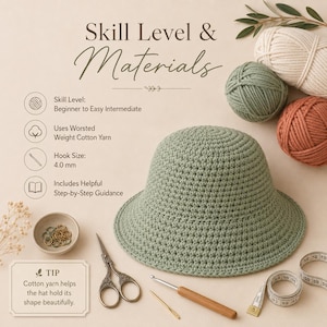 May include: A sage green crocheted bucket hat accompanied by yarn balls in cream, sage, and terracotta. The image includes text detailing a 4.0 mm hook size, worsted weight cotton yarn, and beginner to easy intermediate skill level requirements.