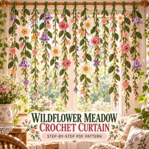 May include: A decorative crochet curtain featuring hanging vines with various colorful flowers including pink roses, white daisies, and purple bell-shaped blossoms. The text reads: WILDFLOWER MEADOW CROCHET CURTAIN STEP-BY-STEP PDF PATTERN.