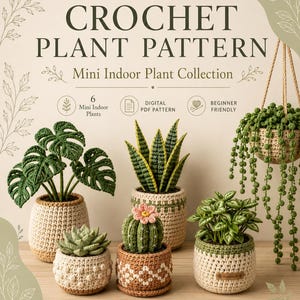 Puede incluir: Un patrón de ganchillo en PDF digital para una colección de mini plantas de interior con seis plantas. La imagen muestra una monstera, una planta serpiente, una suculenta, un cactus con flor rosa, una planta de hojas y una planta colgante.