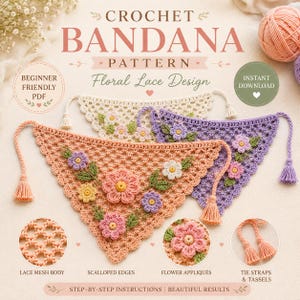 May include: A crochet bandana pattern featuring a floral lace design. The image displays three triangular bandanas in peach, purple, and cream, each adorned with crocheted flower appliqués, lace mesh bodies, scalloped edges, and braided ties with tassels.