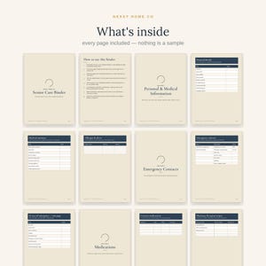 May include: A collection of twelve beige pages from a Senior Care Binder by Nexxt Home Co. The pages feature dark blue headers and text, including sections for personal details, medical summaries, allergies, emergency contacts, and medications.