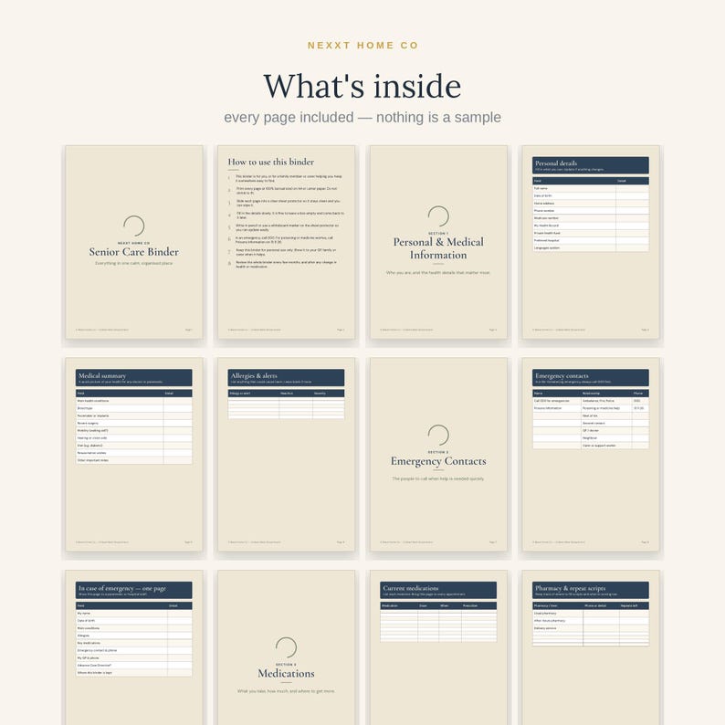May include: A collection of twelve beige pages from a Senior Care Binder by Nexxt Home Co. The pages feature dark blue headers and text, including sections for personal details, medical summaries, allergies, emergency contacts, and medications.