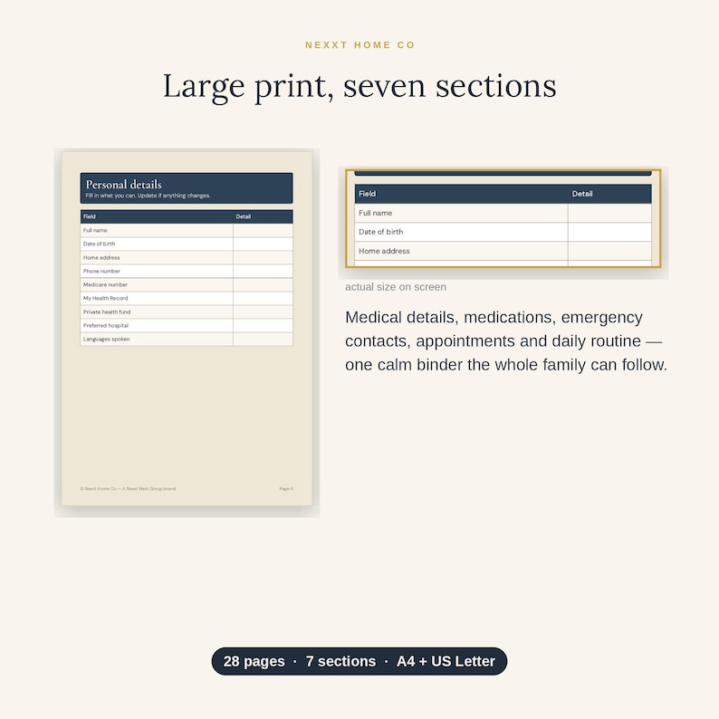 May include: A printable document template titled Personal details with fields for name, date of birth, address, phone, and medical information. The layout features a dark blue header and seven sections in large print, designed for A4 and US Letter paper sizes.