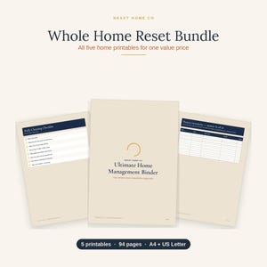 May include: A digital bundle of five home organisation printables titled Whole Home Reset Bundle. The set includes an Ultimate Home Management Binder, a Daily Cleaning Checklist, and a Pantry Inventory sheet, totalling 94 pages in A4 and US Letter sizes.