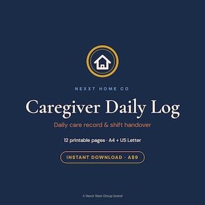 Könnte beinhalten: Ein digitales Caregiver Daily Log Dokument mit dunkelblauem Hintergrund und weißem sowie goldenem Text. Die Grafik enthält ein Haussymbol, den Titel Caregiver Daily Log, den Untertitel Daily care record & shift handover und 12 druckbare Seiten.
