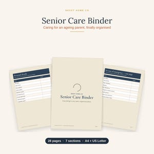May include: A Senior Care Binder document set by Nexxt Home Co featuring a cover page and two internal forms titled Personal details and In case of emergency. The beige pages include dark blue headers and text, totalling 28 pages and 7 sections.