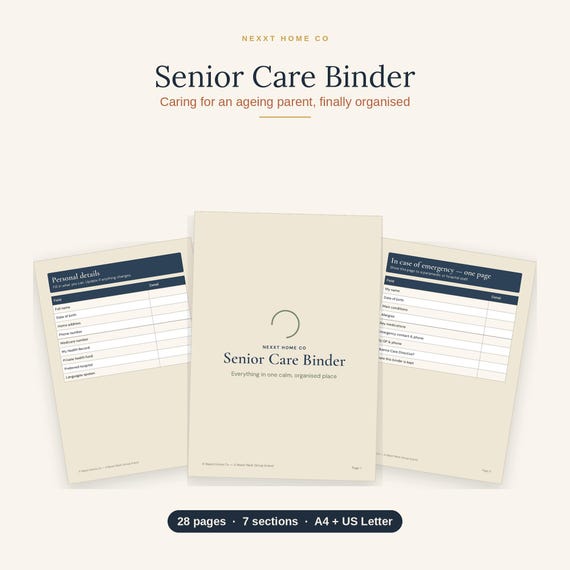 Senior Care Binder Printable | Large Print Medication Log, Emergency Info & Care Plan for Elderly Parents | A4 Letter