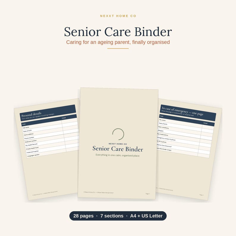 May include: A Senior Care Binder document set by Nexxt Home Co featuring a cover page and two internal forms titled Personal details and In case of emergency. The beige pages include dark blue headers and text, totalling 28 pages and 7 sections.