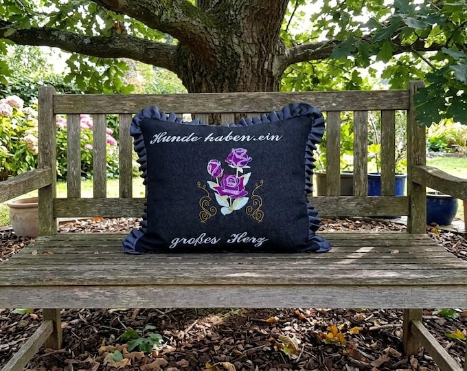 Featured listing image: MASTERPIECE Embroidered Cushion Lilac Rose Magic 40 x 60 cm - Elegant Denim with Satin Ruffles - Handmade Rhön