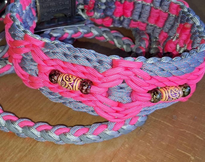 Paracord set “Pink Beaded Freestyle” – collar (length 42 cm) and leash (2.20 m) – with beads and charms – handmade