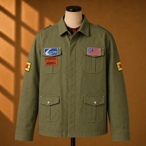 Könnte beinhalten: Eine olivgrüne Utility-Jacke mit spitzem Kragen, langen Ärmeln und vier Vordertaschen mit geknöpften Klappen. Auf der Brust befinden sich ein blau-weißer Eastend-Aufnäher, ein roter Frontier-Aufnäher und eine US-Flagge. An jedem Ärmel befindet sich ein gelber quadratischer Aufnäher.