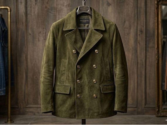 Men’s Olive Green Suede Leather Blazer – Handmade Double Breasted Peacoat Jacket