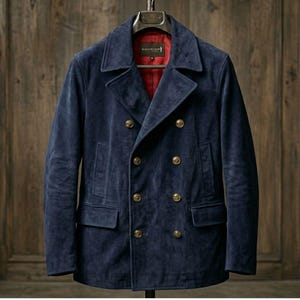 Handmade Navy Blue Suede Peacoat