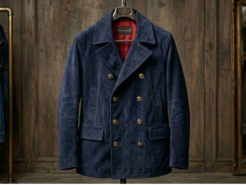 Handmade Navy Blue Suede Peacoat