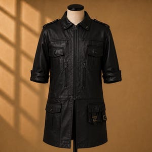 以下が含まれることがあります： ショートスリーブ、フルレングスのフロントジッパー、クラシックな襟が特徴の黒いレザージャケット。フラップ付きの胸ポケット2つ、ジッパー付きの縦型ポケット2つ、バックル留めフラップ付きの腰ポケット2つを備えています。