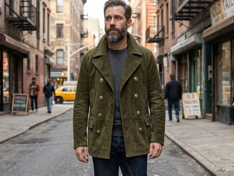 Puede incluir: Chaqueta verde oliva de doble botonadura con botones dorados. La chaqueta tiene un cuello con solapas y dos bolsillos delanteros. La persona lleva una camiseta gris de cuello redondo y vaqueros azul oscuro. El fondo muestra una calle de la ciudad.