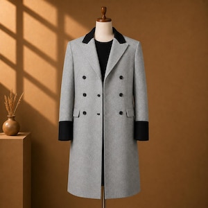 May include: A light grey double-breasted overcoat featuring a black notched collar and black cuffs. The coat has six black buttons arranged in two vertical rows on the front, two side flap pockets, and is displayed on a mannequin torso.