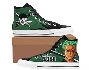 Scarpe da ginnastica alte personalizzate One Piece Zoro, con stampa del logo del Pirata Cappello di Paglia.